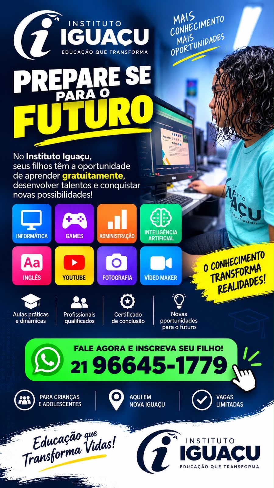 Divulgação dos cursos do Instituto Iguaçu com uma aluna em aula de informática